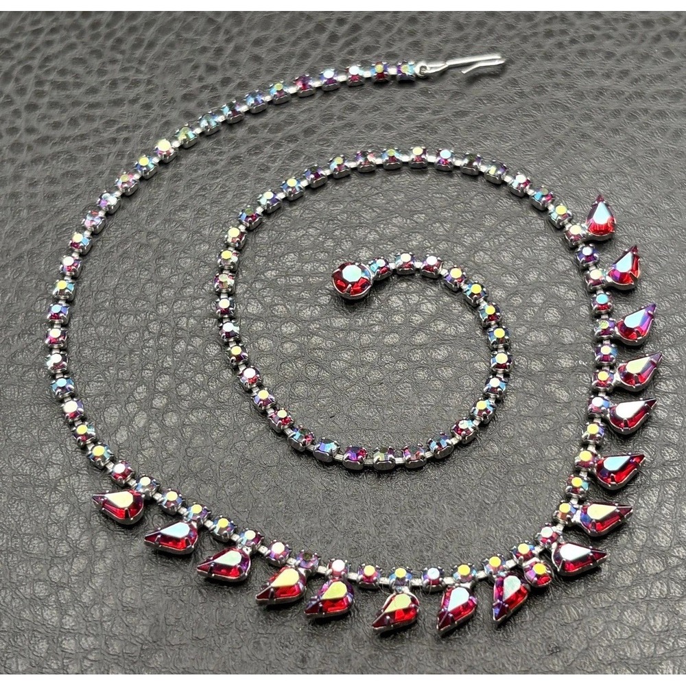 Vintage B. David Aurora Borealis Red AB Crystal Rhinestone Necklace 18"